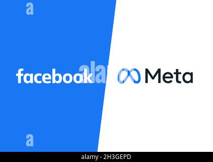 Facebook-Logo und neues Logo mit dem Namen des Unternehmens. M. Zuckerberg gab auf der jährlichen Konferenz Facebook Connect 2021 bekannt, dass Facebook Company zu Meta umbrandet wurde Stockfoto