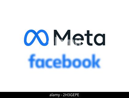 Neues Markenlogo von Meta von Facebook Company mit altem Facebook-Logo. Gab anlässlich der jährlichen Facebook Connect 2021 den Umbrand von Facebook Company zu Meta bekannt Stockfoto