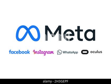 Meta-Logo und weitere Logos beliebter Facebook-Dienste. Gab anlässlich der jährlichen Facebook Connect 2021 con bekannt, dass Facebook Company zu Meta umfunktioniert hat Stockfoto