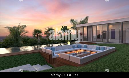 3D-Rendering von moderner Luxusvilla mit Panorama auf das Meer, Swimmingpool und Außenkamin Stockfoto