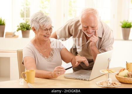 Glückliches älteres Paar beim Online-Shopping Stockfoto