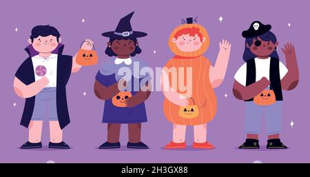 Handgezeichnete flache halloween Kinderkollektion Kostüme Stock Vektor
