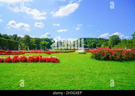 Wien Österreich - September 4 2017; großer Parterre oder landschaftlich gestalteter Grün- und Blumengartenbereich auf dem Schlossgelände von Schronbrunn Stockfoto