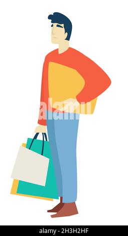 Einkaufen Mann mit Packungen oder Taschen Kerl in legerer Kleidung Stock Vektor