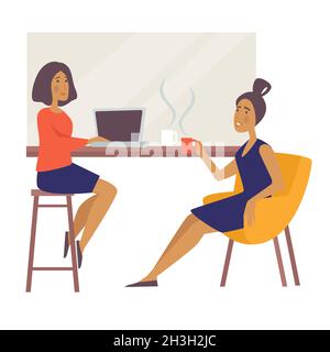 Frauen in der Kaffeepause im Café Geschäftsfrau mit Laptop und Heißgetränk Stock Vektor