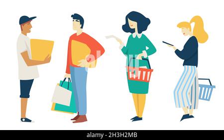 Mann und Frau einkaufen Taschen und Box Supermarkt Korb Stock Vektor