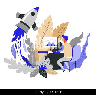 Raumschiff oder Raketenstart oder Start Business-Konzept Geschäftsmann Stock Vektor