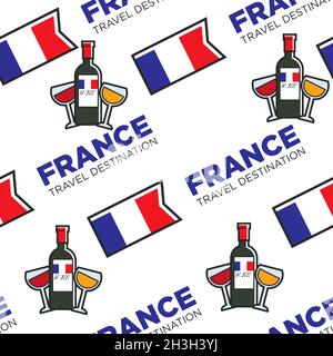 Französische Weingläser und Flaschen Nationalflagge nahtloses Muster Stock Vektor