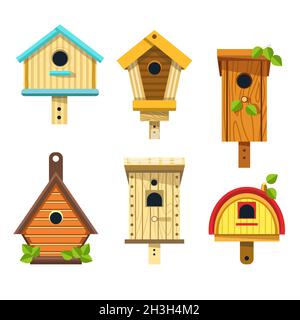 Nistkästen oder Vogelhäuser isoliert Ikonen Holzhandwerk Stock Vektor