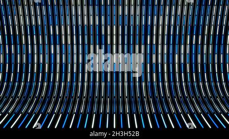 Abstrakter gebogener Hintergrund mit beweglichen neonfarbenen Linien auf schwarzem Hintergrund. Animation. Hypnotisch geschwungener Hintergrund mit sich schnell bewegenden Neonlinien Stockfoto