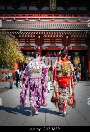 Zwei Frauen, die in formellen Kimonos gekleidet sind, passieren in der Nähe eines Tempels in Tokio, Japan. Stockfoto