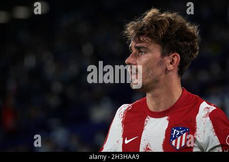 Valencia, Spanien. Oktober 2021. Antoine Griezmann von Atletico de Madrid reagiert am 28. Oktober 2021 während eines Fußballspiels der spanischen 1. Liga zwischen Levante UD und Atletico de Madrid in Valencia, Spanien. Quelle: Str/Xinhua/Alamy Live News Stockfoto