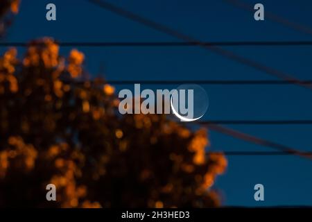 Mond am Stadthimmel Stockfoto