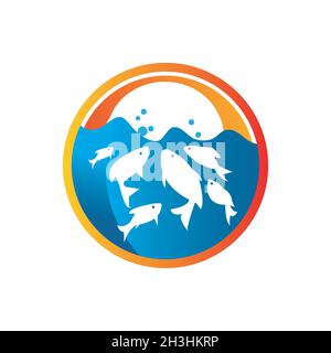 Design-Vorlage für Fischhändler oder Fischrestaurant. Flaches Design eine Gruppe von Fischen schwimmt in einem blauen Wasser. Vektorgrafik EPS.8 EPS.1 Stock Vektor