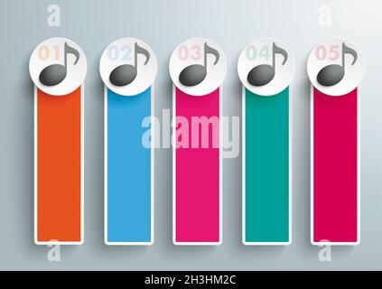 5 farbige Oblong Banner Musiknoten PIAD Stockfoto