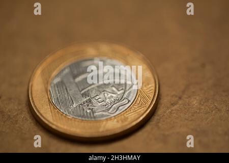 Münzen reais echte brasilianische Geldwährung reais Stockfoto