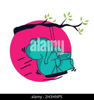 Malbuch für Kinder und Erwachsene dekorative Cartoon Elefant. Vektor niedlichen Baby Elefant spielen Schaukel. Vektorgrafik EPS.8 EPS.10 Stock Vektor