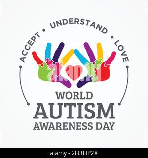 Buntes Design Wort Welt Autismus Bewusstsein Tag mit Hand Puzzle. Welt Autismus Awareness Day für Banner, Grußkarte, Poster oder Hintergrund-Design el Stock Vektor