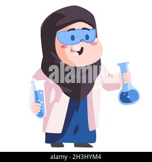 Muslimische Wissenschaftlerin Frau mit Hijab trägt Brillen im Labor hält Forschungsrohr in laboratorium moderne Cartoon-Farbe isoliert Hintergrund Stock Vektor