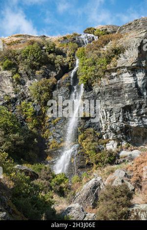 Brides Veil Wasserfall Matukituki Fluss Neuseeland. Stockfoto