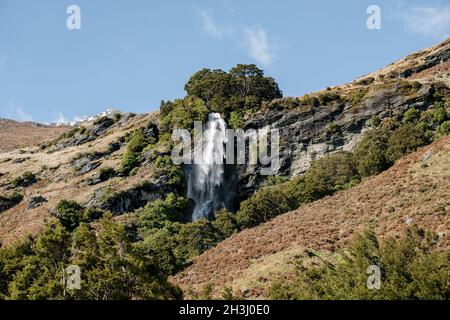 Brides Veil Wasserfall Matukituki Fluss Neuseeland. Stockfoto