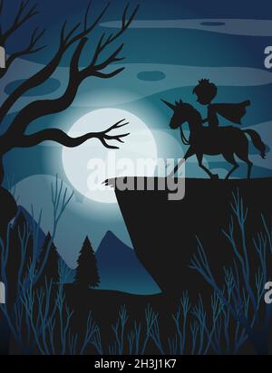 Silhouette Ritter Ring Einhorn mit Vollmond Hintergrund Illustration Stock Vektor