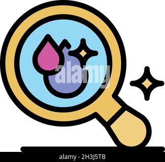 Tropfen in Lupensymbol. Umrissfallen in Lupe Vektorsymbol Farbe flach isoliert Stock Vektor
