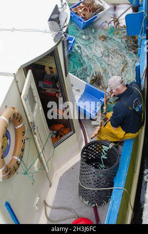 Bretagne, Frankreich. August 2017. Der traditionelle französische Fischer hat auf der Insel sein Hummer und Krabben aus seinen Netzen genommen, nachdem er auf der Insel sein gefischt hatte.Frankreich droht dem Vereinigten Königreich mit Vergeltung in ihrem Streit um die Fangquoten. Die französischen Fischer fordern, dass die britische Regierung ihre Verpflichtungen einhält, Zugang zu britischen Gewässern zu gewähren, die im Rahmen des Brexit verhandelt wurden. (Bild: © Laurent Coust/SOPA Images via ZUMA Press Wire) Stockfoto