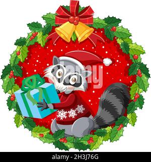 Cartoon Waschbär in Weihnachtskranz isoliert Illustration Stock Vektor
