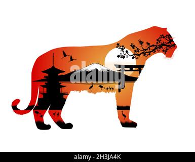 Silhouette eines Tigers. Japanische Landschaft. Mount Fuji. Aufgehende Sonne. Blühender Sakura-Zweig. Jahr des Tigers. Stock Vektor