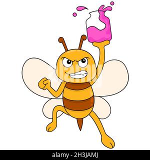 Fliegende Bienen mit einer Flasche gelben Honigs Stock Vektor