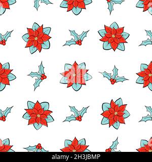 Poinsettia und Stechpalme Vektor nahtloses Muster. Winterblumen-Kritzelskizze in einem minimalistischen Stil. Trendige Illustration für Tapete, Geschenkpapier, Print, Winterstoff Stock Vektor