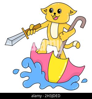 Eine gelbe Katze, die einen Piraten spielt und ein Schwert auf einem umgedrehten Regenschirmboot hält Stock Vektor