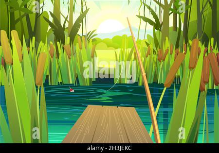 Pier zum Angeln an der Küste des Flusses oder Sees. Wilder Teich. Sommerlandschaft. Klarer Himmel und gutes Wetter. Wasserfluss und flache Wellen. Abbildung Stock Vektor