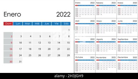 Einfacher Kalender 2022 auf Spanisch, Wochenbeginn am Sonntag. Vektorvorlage Stock Vektor