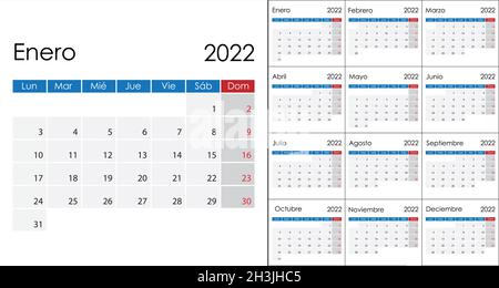 Einfacher Kalender 2022 auf Spanisch, Wochenbeginn am Montag. Vektorvorlage Stock Vektor