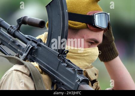 Yorkshire Kriegserfahrung. Leeds, August 2021. Schauspieler im britischen Weltkrieg zwei Uniform. Stockfoto