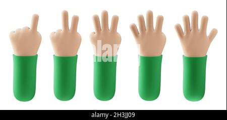 Cartoon Person Hände zählen von einem bis fünf mit den Fingern. 3d-Rendering von zählenden Händen. Zeigen, Siegeszeichen, hallo-Geste Stockfoto