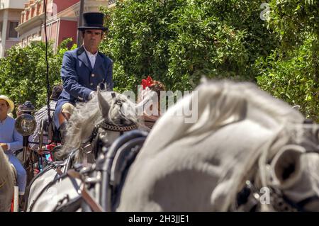 MALAGA, Spanien - 14 AUGUST: Reiter und Kutschen auf Malaga August Messe am 14. August 2009 in Malaga, Spanien Stockfoto