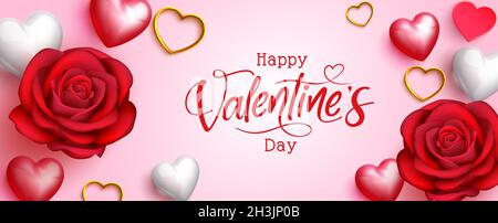 Valentinstag Vektor Hintergrund-Design. Happy valentine's Day Typografie Text in rosa Raum mit roten Rosen und Gold Metall Herzen Elemente. Stock Vektor