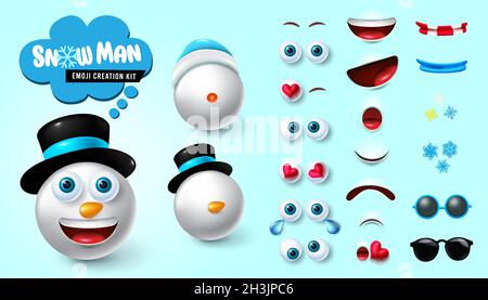 Emoji Schneemann Schöpfer Vektor gesetzt. Smiley Schneemann XMAS 3d-Kit mit editierbaren Gesichtsreaktion von niedlich, freundlich und glücklich für weihnachten Emoticon. Stock Vektor
