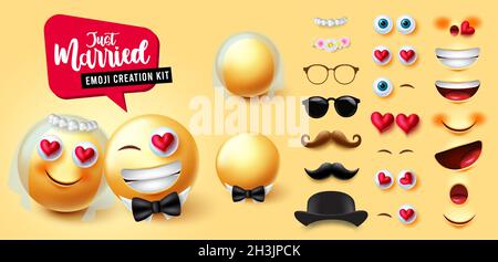 Emojis Wedding Creator Vektor-Set. 3d-Emojis-Zeichensatz mit verheirateten Paaren, die Schleier und Schleife im bearbeitbaren Gesicht tragen, für Liebhaber-Emoticon-Ehemann. Stock Vektor