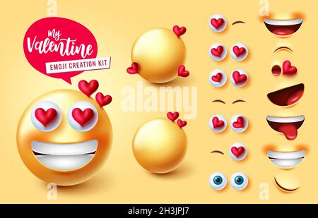 Smiley valentine Schöpfer Vektor-Set. Emoji 3d-Figuren mit Gesichts-Teilen wie Herzen Augen und Mund editierbar für valentines Emoticon Gesichtsausdruck. Stock Vektor