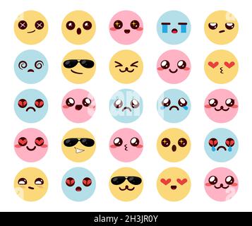 Kawaii bunte Emoticons Vektor-Set. Smileys chibi emoticon niedliche Charaktere mit Ausdrücken von glücklich, lächelnd, freundlich und traurig Gesichter für kawaii. Stock Vektor