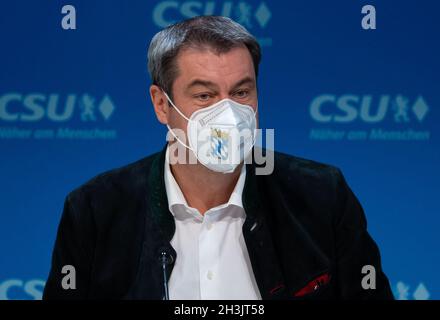 München, Deutschland. Okt. 2021. Markus Söder, CSU-Vorsitzender und Ministerpräsident Bayerns, nimmt an einer Sitzung des CSU-Präsidiums in der Parteizentrale Teil. Quelle: Sven Hoppe/dpa/Alamy Live News Stockfoto