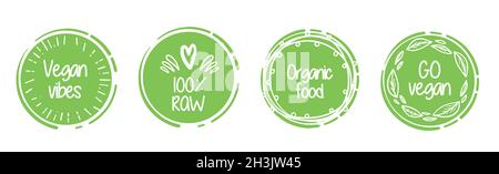 Setzen Sie ein flaches veganes Symbol auf weißen Hintergrund. Bio, Ökologie, Organische Logos und Abzeichen, Etikett, Tag. Vektorgrafik Stock Vektor