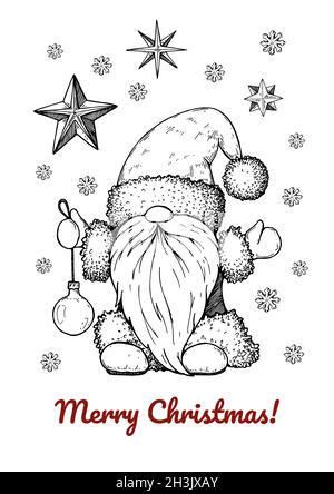 Handgezeichnete Weihnachtskarte mit Weihnachtsmann und Weihnachtsbaumkugel. Vektorgrafik im Skizzenstil Stock Vektor
