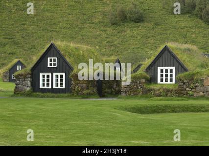 Traditioneller isländischer Häuser mit grünen Dächern. Stockfoto