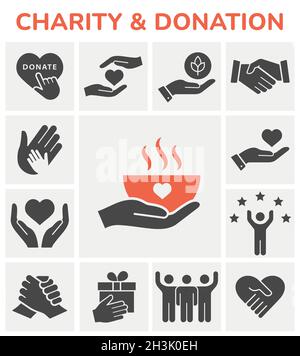 Symbol für wohltätige Zwecke eingestellt. Sammeln von Empathie, Spenden, Freiwilligenarbeit, Hilfe und mehr. Stock Vektor