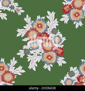 Blumenstrauß Decke Blumen Vektor nahtlose botanische Muster Hintergrund. Elegante rote, weiße Wildwiesenblumen vor grünem Hintergrund. Historisch Stock Vektor